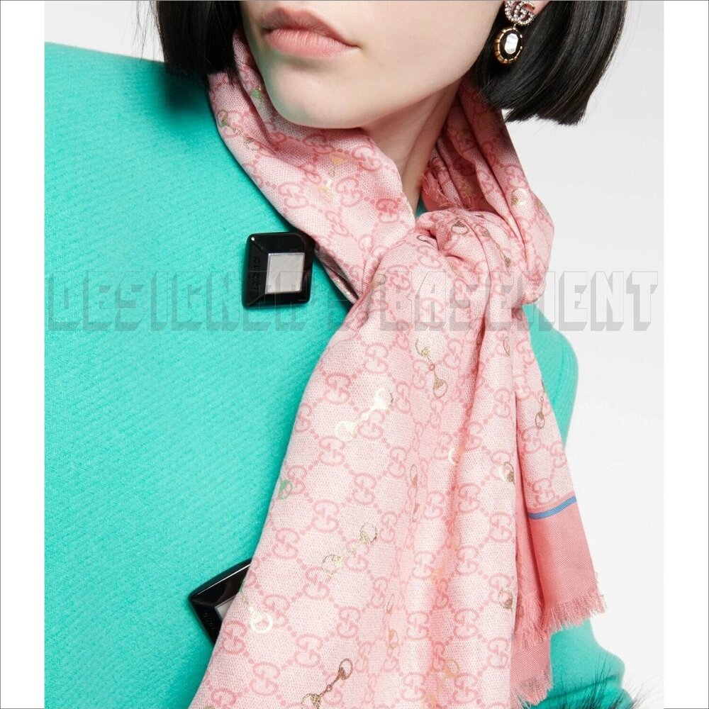 GUCCI pink GG with gold Horsebits print giant 53" - square modal/silk scarf NWT - Picture 10 of 10